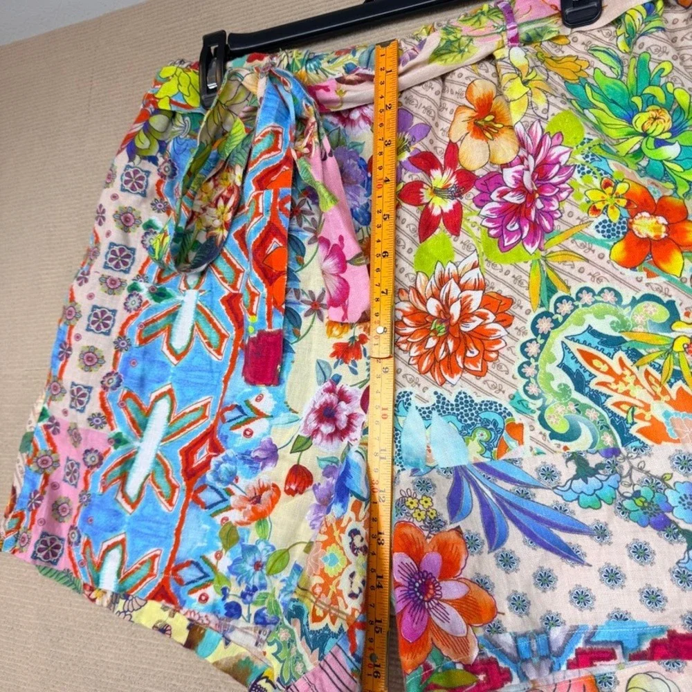 Johnny Was Workshop Floral Patchwork High Rise Belted Shorts Multi Color Boho L